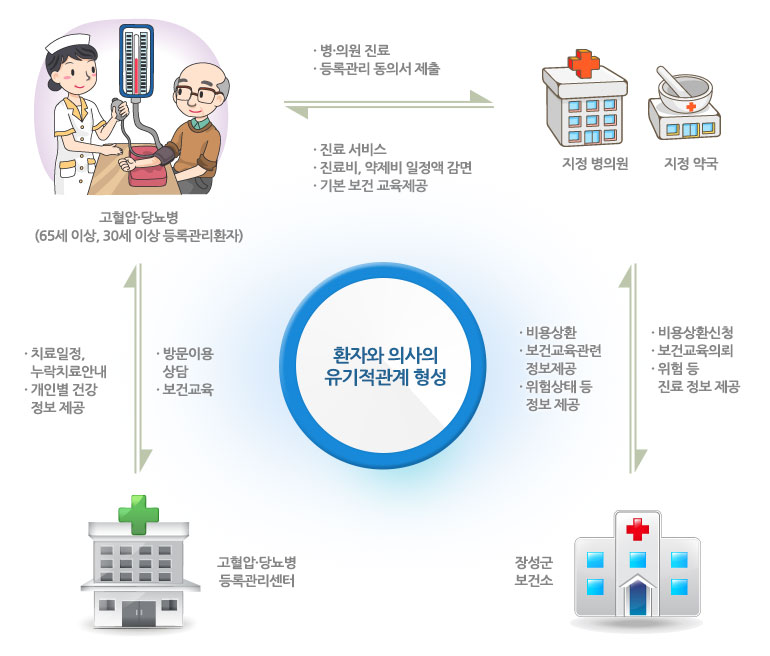 환자와 의사의 유기적 관계 형성 이미지로
				고혈압·당뇨병 환자(65세 이상, 30세 이상 등록관리환자)가 지정병의원이나 지정약국에 병·의원 진료 또는 등록관리 동의서 제출하면 지정병의원이나 지정약국은 진료서비스 / 진료비, 약제비 일정액 감면 / 기본보건 교육을 제공한다.
				또 지정병의원이나 지정약국에서 장성군 보건소로 비용상환신청 / 보건교육의뢰 / 위험 등 진료정보 제공을 하면 장성군 보건소는 지정병의원이나 지정약국에 비용상환 / 보건교육관련 정보제공 / 위험상태 등 정보 제공을 한다
				고혈압·당뇨병 환자(65세 이상, 30세 이상 등록관리환자)가 고혈압·당뇨병 등록관리 센터에 방문이용 상담이나 보건교육을 하면 고혈압·당뇨병 등록관리 센터에서는 치료일정, 누락치료안내 / 개인별 건강정보를 제공한다