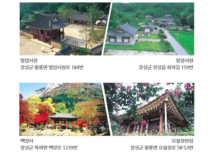 필암서원-장성군 황룡면 필암서원로 184번, 봉암서원-장성군 장성읍 화차길 159길, 백양사-장성군 북하면 백양로 1239번, 요월정원림-장성군 황룡면 요월정로 58-53번