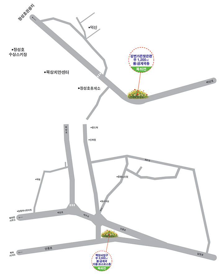북하면 지도로 꽃동산 위치를 나타냄 - 북하면: 강변가든맞은편 우1,200㎡ 봄:금계국등 / 북하면: 백양사입구 우 2,000㎡ 봄:금계국, 가을: 코스모스 등
