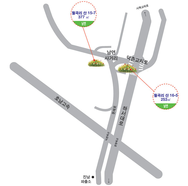 남면 지도로 꽃동산 위치를 나타냄 - 남면: 월곡리 산 15-7 377㎡ / 월곡리 산 16-5 253㎡