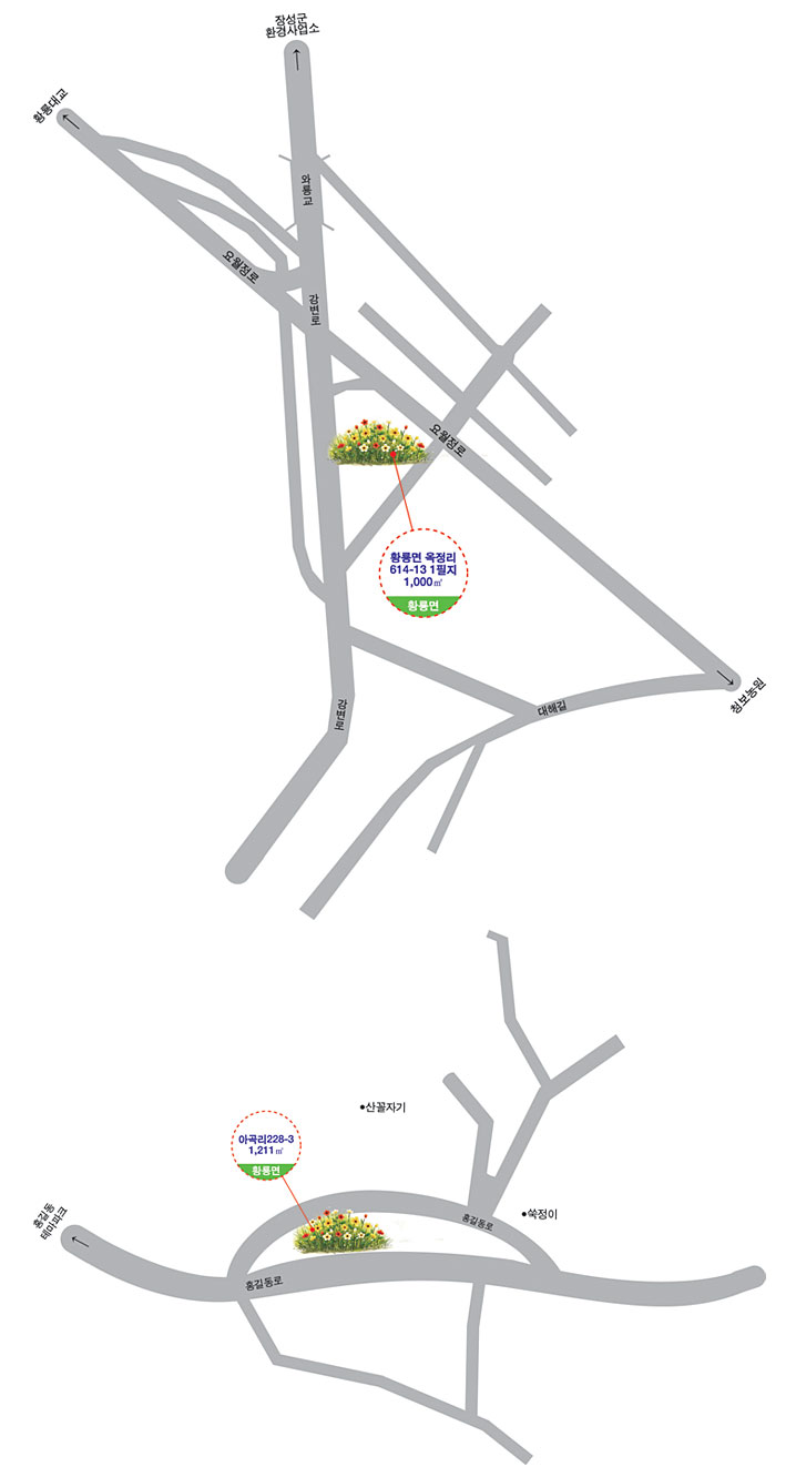 황룡면 지도로 꽃동산 위치를 나타냄 - 황룡면: 황룡면 옥정리 614-13 1필지 1,000㎡ / 황룡면: 아곡리 228-3 1,211㎡
