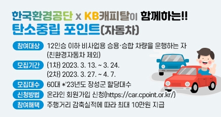 한국환경공단 X KB캐피탈이 함께하는!! 탄소중립 포인트(자동차)
참여대상 : 12인승 이하 비사업용 승용·승합 차량을 운행하는 자(친환경자동차 제외)
모집기간 : (1차) 2023. 3. 13. ~ 3. 24. (2차) 2023. 3. 27. ~ 4. 7.
모집대수 : 60대 *'23년도 장성군 할당대수
신청방법 : 온라인 회원가입 신청(https://car.cpoint.or.kr/)
참여해택 : 주행거리 감축실적에 따라 최대 10만원 지급
(새창열림)