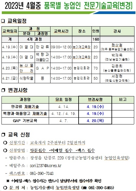 2023년 4월중 품목별 농업인 전문기술교육 신청 안내(일정변경) 이미지 1