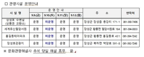 추석 연휴 장성군 관광지 운영 안내 이미지 1