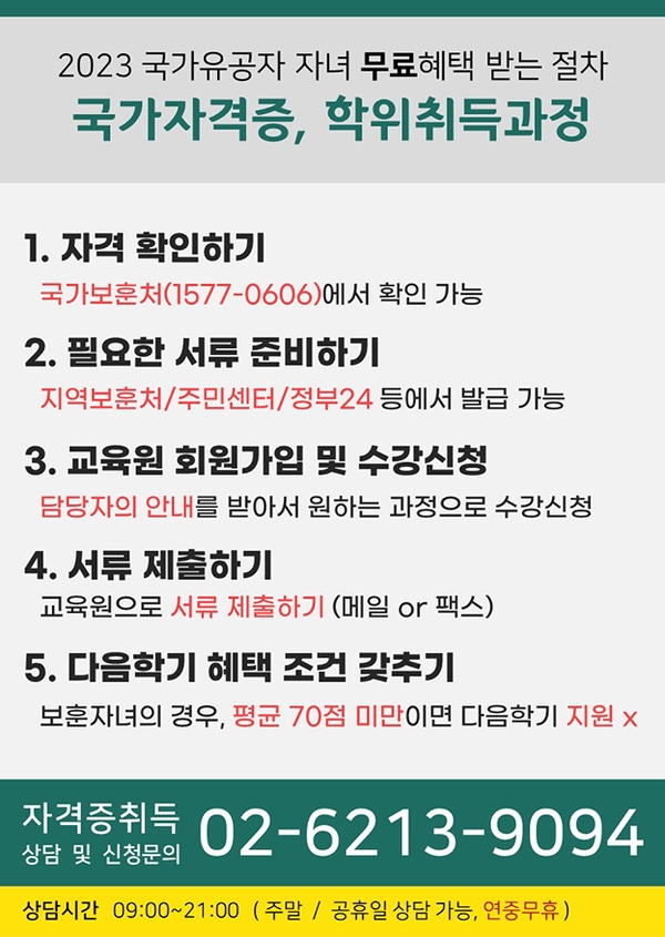 ★국가유공자 자녀,손자 사회복지사 2 급 자격증 교육비 100% 면제 이미지 1