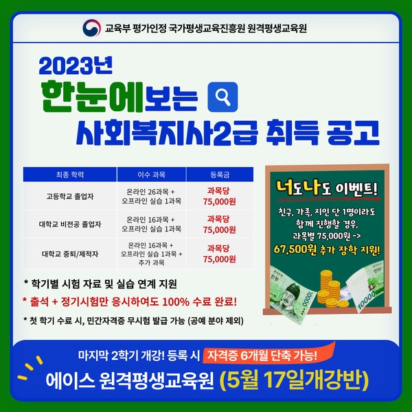 [안내] 사회복지사2급, 6개월 교육 단축 장학생 모집 (~5/17일) 이미지 1